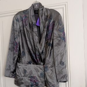 Dana Buchman Silver and Purple Floral Silk Blouse